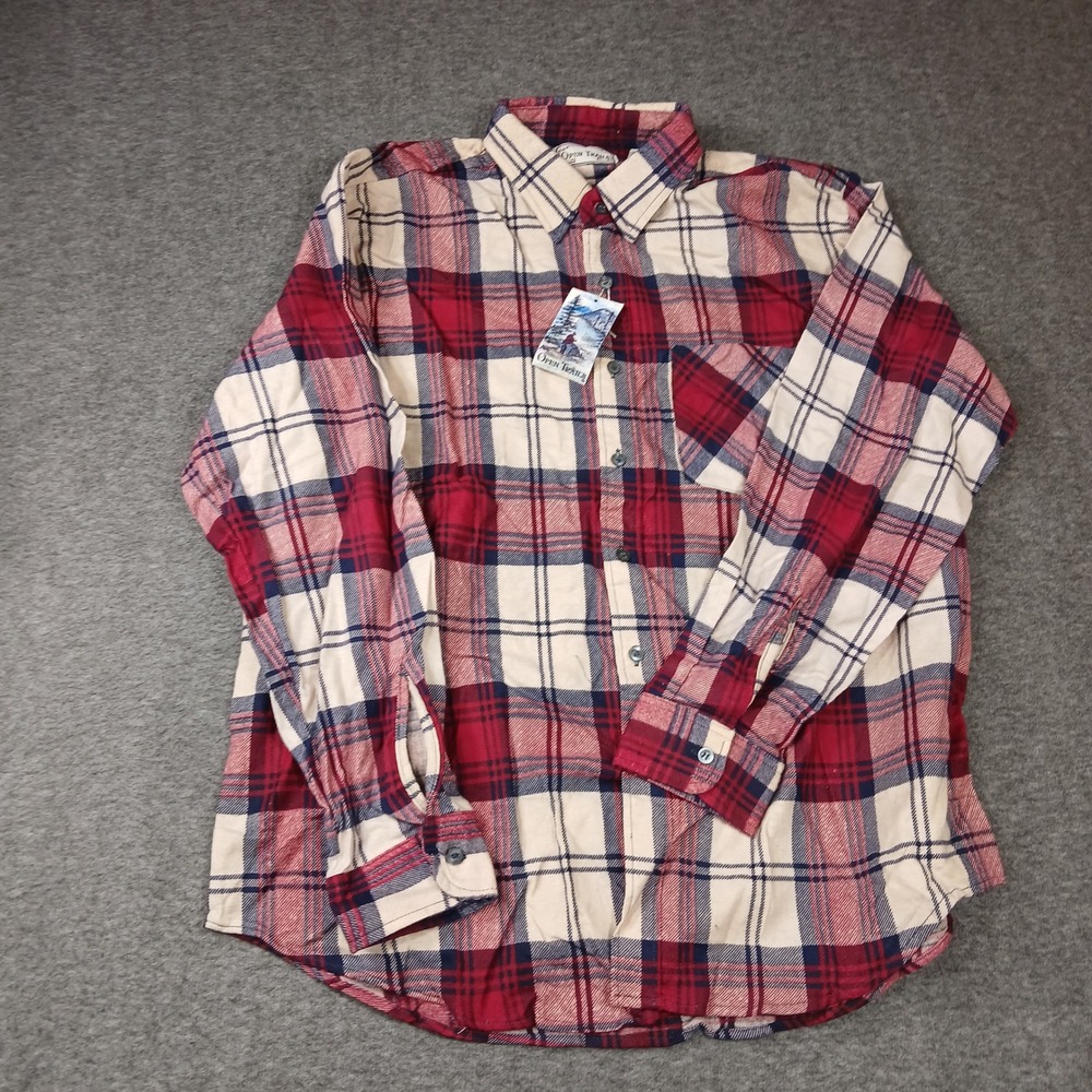 Open Trails Mens Plaid Flannel Shirt‎ Red Cream Navy Blue Cotton NWT Size L